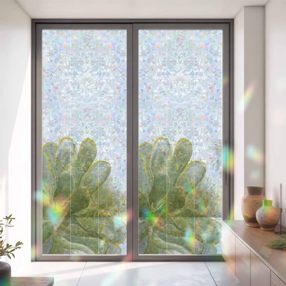 Sage Green Gradient Flower Gold Edge Window Privacy Film,Decorative Windows Static Cling Classic Floral Heat Control Removable Glass Sticker for Home Bathroom Bedroom Window Door,35x79in