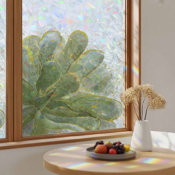 Sage Green Gradient Flower Gold Edge Window Privacy Film,Heat Control Sun Blocking Static Cling Rainbow Film,Classic Floral Non-Adhesive Glass Sticker Door Window Tint,17.7" x 39.3"
