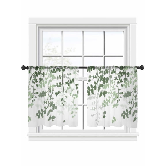 Sage Green Gradient Leaf Sheer Curtains 2 Panels Set Rustic Eucalyptus Leaves Farm Plants Sheer Window Curtains Light Filtering Rod Pocket Voile Drapes for Bedroom Living Room 52"x45"