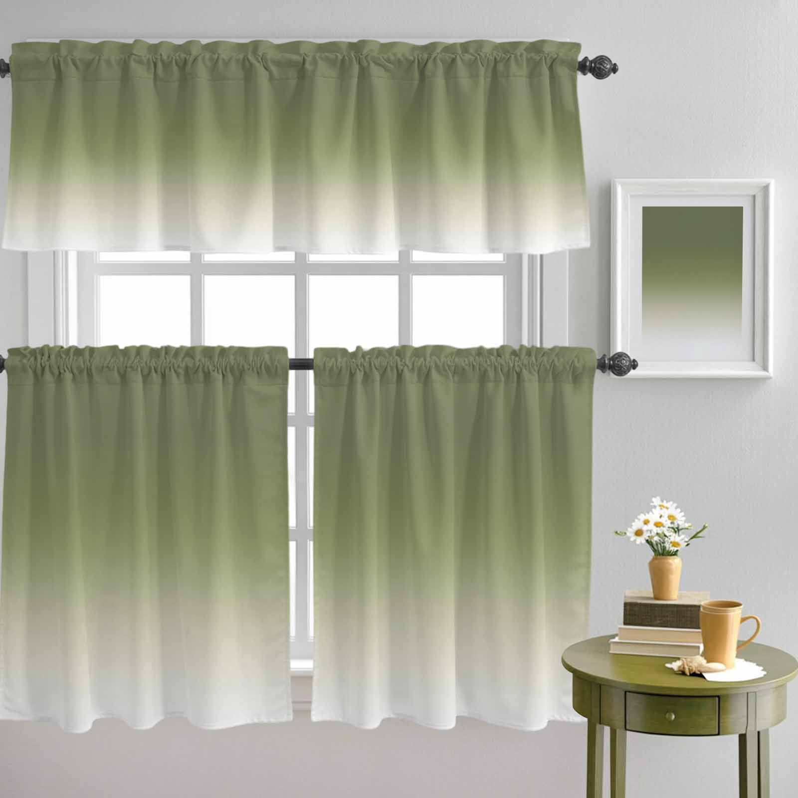 Sage Green Gradient Ombre Curtain Tier and Valance Set 3 Piece, Solid ...