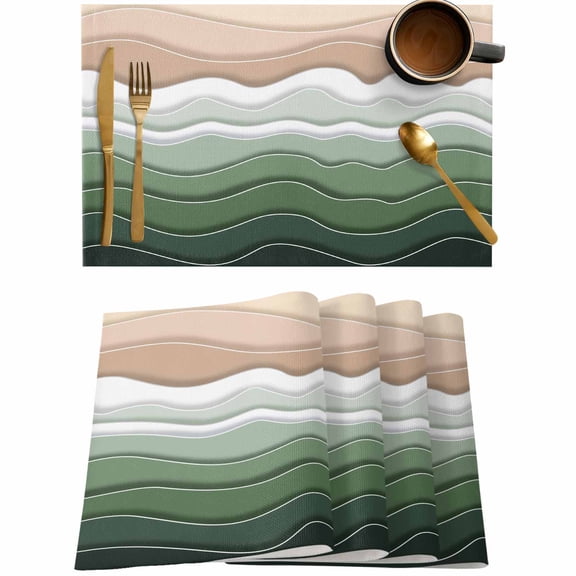 Sage Green Gradient Water Ripples Placemats Set of 4,Wipeable Washable Table Mats for Dining Tables,Summer Beach Ocean Theme Place Mats for Kitchen Event Party Tabletop Decor