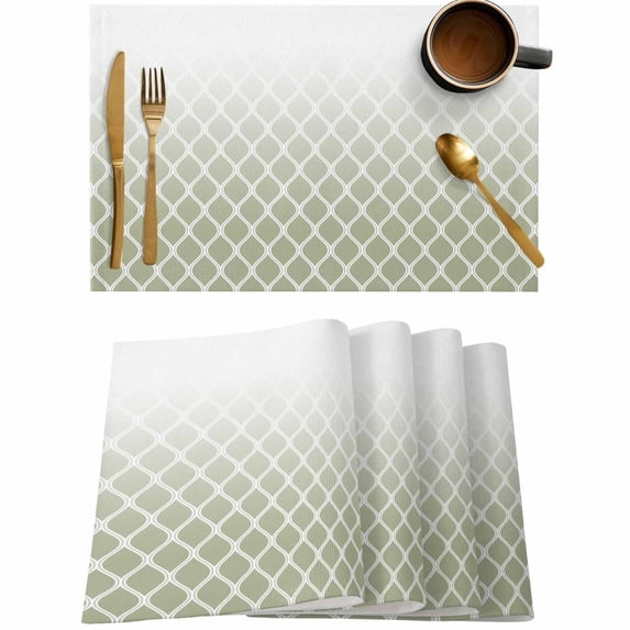 Sage Green Gradient White Grid Placemats Set of 4,Wipeable Washable Table Mats for Dining Tables,Line Abstract Geometric Place Mats for Kitchen Event Party Tabletop Decor