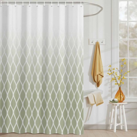 Sage Green Gradient White Grid Shower Curtain Set, Waterproof Shower Curtains With Grommet Hooks, Line Abstract Geometric Privacy Bathroom Curtain for Bathtub 36x72IN