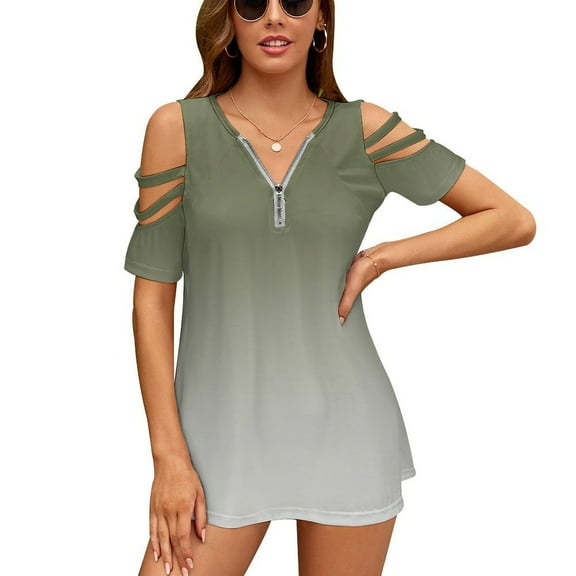 Sage Green Gradient Womens Summer V Neck Zipper Top Short Sleeve T Shirt Off Shoulder Top Casual Classy Loose Shirts