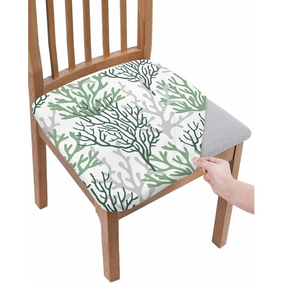 Sage Green Gray Coral Coastal Seat Covers for Dining Chairs, Summer Beach Stretch Kitchen Chair Slipcovers, Seaside Nautical Dining Room Chair Covers Removable Chair Cover Protector Set of 6