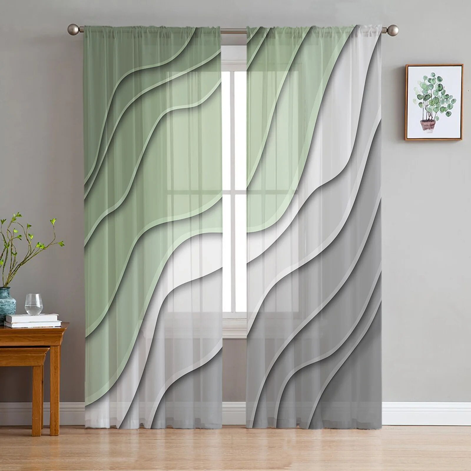 Sage Green Gray Gradient Sheer Curtains for Kids Bedroom Living Room ...