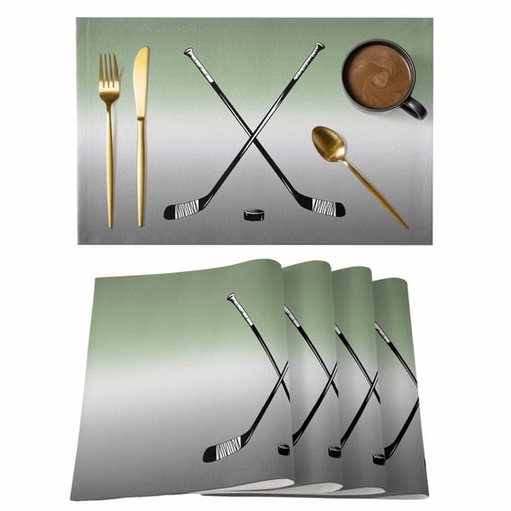 Sage Green Gray Ombre Placemats Set of 4, Black Hockey Sticks Minimalist Style Placemats for Dining Table, Place Mats for Kitchen Tabletop, Waterproof Wipeable Dining Table Mats Set