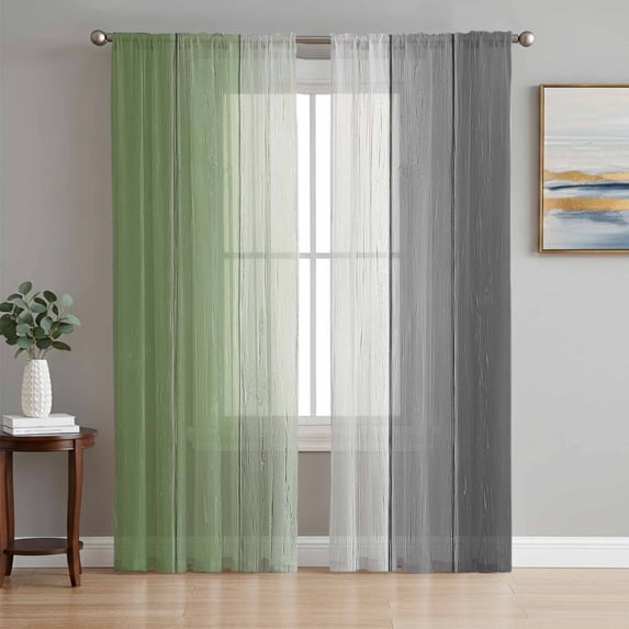Sage Green Gray Ombre Semi Sheer Curtains 63 Inch Length 2 Panels Set, Vintage Country Wooden Sheer Kitchen Curtain Privacy Voile Window Curtain for Living Room Bedroom Rod Pocket Drapes