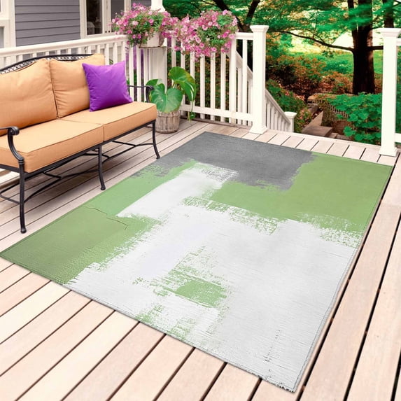 Sage Green Gray Outdoor Rug for Patio/Deck/Porch, Non-Slip Large Area Rug 5 x 7 Ft, Modern Oil Painting Abstract Geometric Indoor Outdoor Rugs Washable Area Rugs, Reversible Camping Rug Carpet Runner