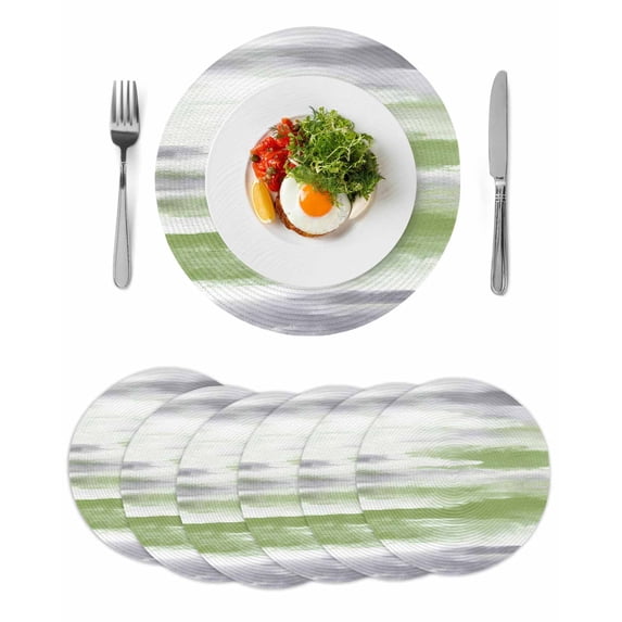 Sage Green Gray Round 15 Inch Placemats Set of 6, Neutral Abstract White Ombre Texture HeatResistant Non Slip Place Mats for Dining Table, Wipeable Braided Kitchen Table Mats for Housewarming