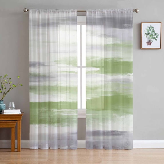 Sage Green Gray Semi Sheer Curtains 72 Inch Length 2 Panels Set, Neutral Abstract White Ombre Texture Sheer Kitchen Curtain Privacy Voile Window Curtain for Living Room Bedroom Rod Pocket Drapes