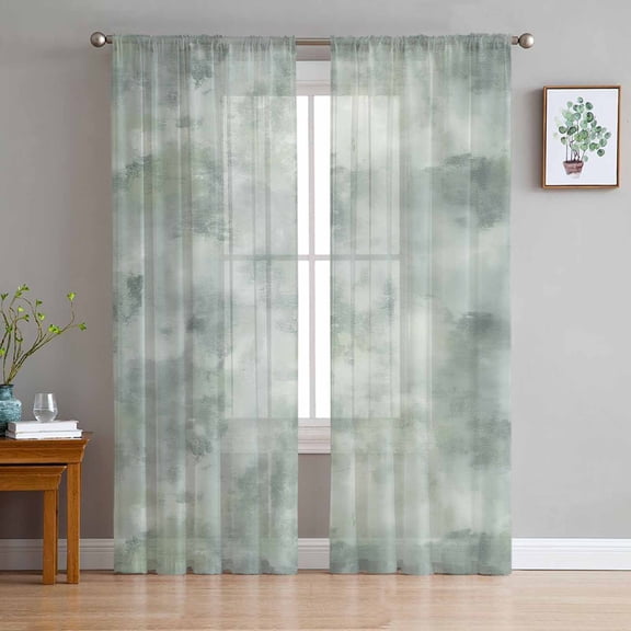Sage Green Gray Semi Sheer Curtains 96 Inch Length 2 Panels Set, Abstract Modern Street Painting Art Ombre Sheer Kitchen Curtain Privacy Voile Window Curtain for Living Room Bedroom Rod Pocket Drapes