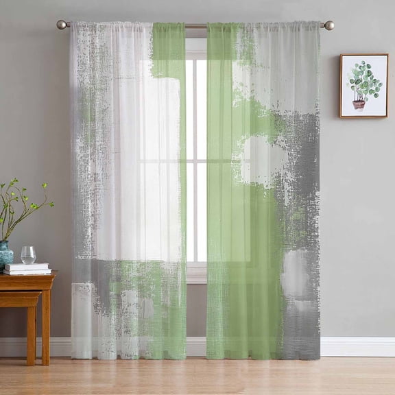 Sage Green Gray Sheer Curtains 108 Inch Length 2 Panels Set for Living Room/Bedroom, Modern Oil Painting Geometric Abstract Semi Curtain Sheers Drapes Rod Pocket Window Curtains 52''x108''x2