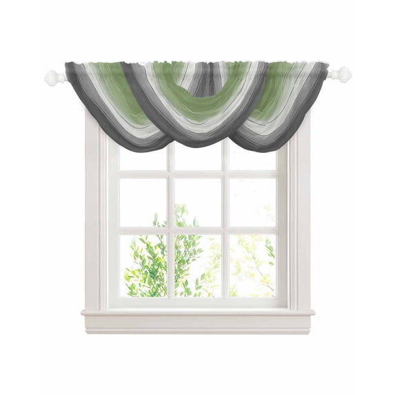 Sage Green Gray Sheer Waterfall Valance Curtains for Window, Vintage Country Ombre Chic Wooden Grain Rod Pocket Sheer Topper Swag Curtains for Living Room, Kitchen 38.5"W x 47.2"L, 3 Panels