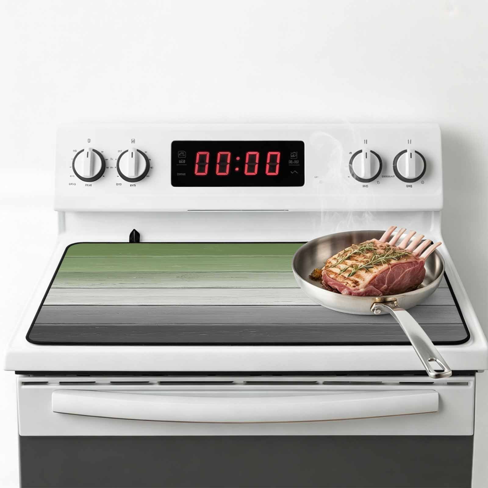 Sage Green Gray Stove Top Cover for Electric Stove, Heat-proof & Non Slip Glass Top Stove Cover Protector, Vintage Country Ombre Chic Wooden Grain Kitchen Flat Cooktop Rubber Mat 28.5x20.5 Inches