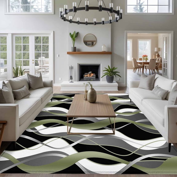 Sage Green Gray Stripes 8x10 Area Rug for Living Room Sectional Sofa, Abstract Art Modern Washable Non Slip Large Rectangle Area Rug