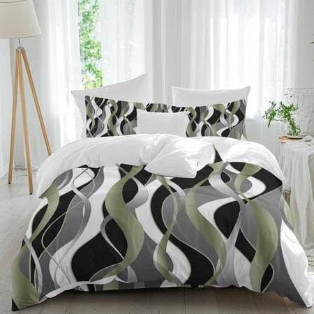 Sage Green Gray Stripes Twin Size Comforter Set, Abstract Art Modern Geometric Curve Bedding for All Seasons, 4 Pcs Bed Set, 1 Quiltcover (68"x86") ,1Sheet(67"x116"), 2Pillowcases (30"x20")