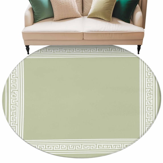 Sage Green Greek Key Large Area Rugs for Bedroom Living Room, Soft Non Slip Carpet Bedside Rug, Geometric Greece Ancient Farmhouse Geo Round Floor Cover Kitchen Accent Rug 7' for Dining Room/Office