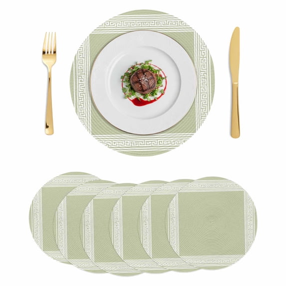 Sage Green Greek Key Round 15 Inch Placemats Set of 6, Geometric Greece Ancient Farmhouse Geo HeatResistant Non Slip Place Mats for Dining Table, Wipeable Braided Kitchen Table Mats for Housewarming