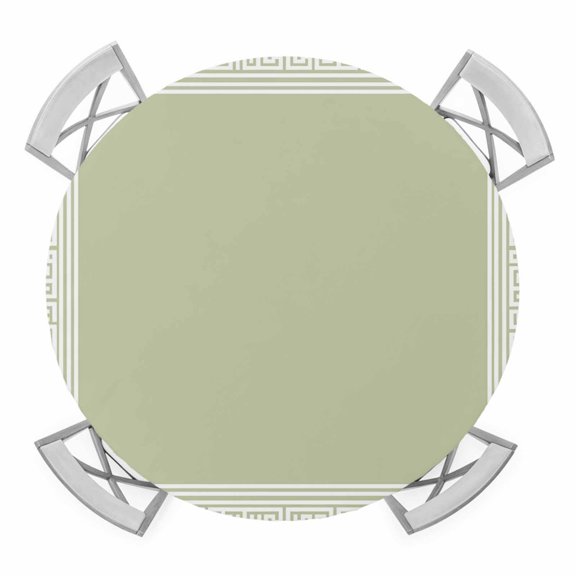 Sage Green Greek Key Round Tablecloth for 36-44 Inch Tables,Fitted Table Cover with Elastic Edge,Geometric Greece Ancient Farmhouse Geo Waterproof Outdoor Table Cloth Protector for Patio Dinner
