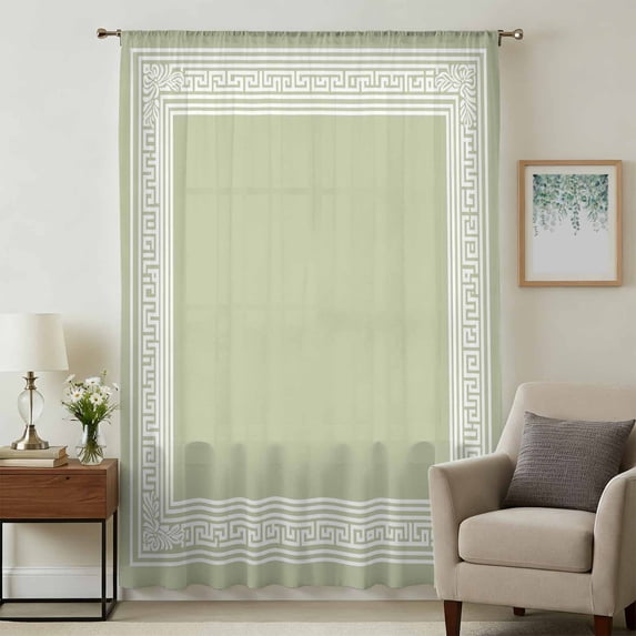 Sage Green Greek Key Sheer Curtains 84 Inches Long, Geometric Greece Ancient Farmhouse Geo Light Filering Curtains, Breathable Simi Curtain Privacy Drapes for Living Room Bedroom Window Treatment