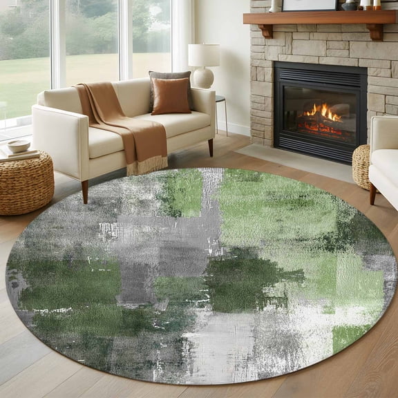 Sage Green Grey 8' Round Area Rug, Modern Oil Painted Abstract Art Aesthetics Washable Non-Slip Large Circle Rugs for Living Room Bedroom, Soft Low Pile Rug Carpet for Dining Room Kitchen Farmhouse