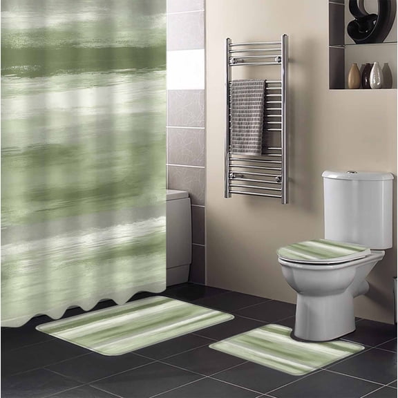 Sage Green Grey Abstract 4PCS Shower Curtains Set with Toilet Lid Cover Non-Slip Rugs, Mottled Oil Painting Texture Modern Waterproof Shower Curtain Set for Bathroom with 12 Hooks 72x72 In