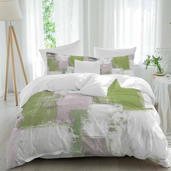 Sage Green Grey Abstract Queen Size Comforter Set, Modern Graffiti Brush Art Bedding for All Seasons, 4 Pcs Bed Set, 1Quiltcover (90"x92") ,1Sheet(94"x116"), 2Pillowcases (30"x20")