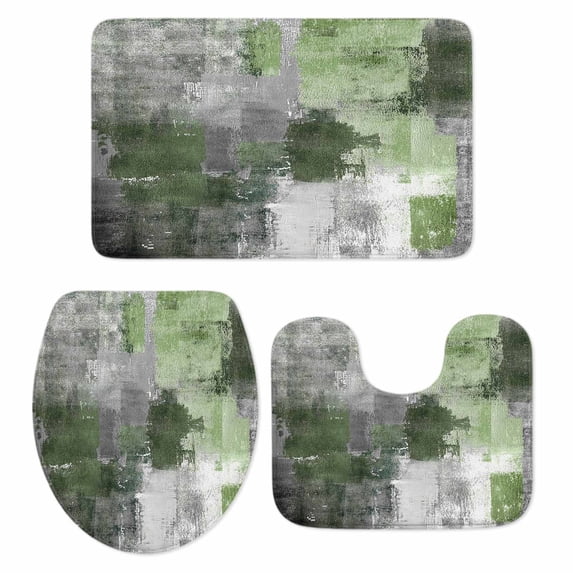 Sage Green Grey Bath Mat 3 Piece Bathroom Rug Set, Modern Oil Painted Abstract Art Aesthetics Non Slip Bath Rug Contour Mat and Toilet Lid Cover, Absorbent Shower Mats Soft Bath Rugs and Mats Sets