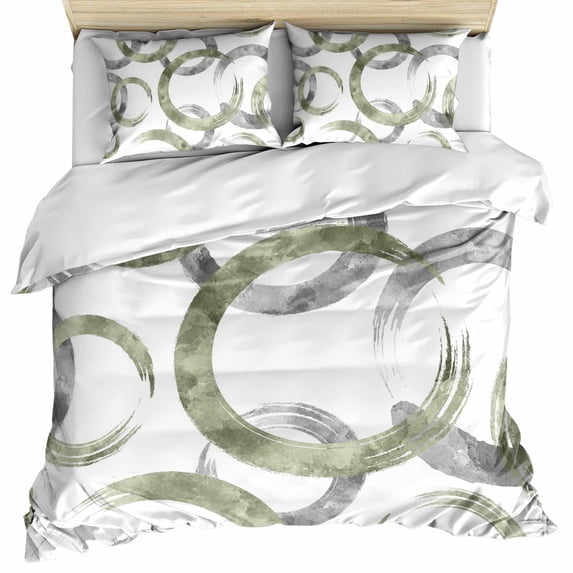 Sage Green Grey Bedding 3 Piece Duvet Cover Set Twin Size, Geometric Circle Modern Abstract Simple Art Soft Microfiber Comforter Cover with Zipper Closure & Pillowcases, FadeResistant Quilt Cover