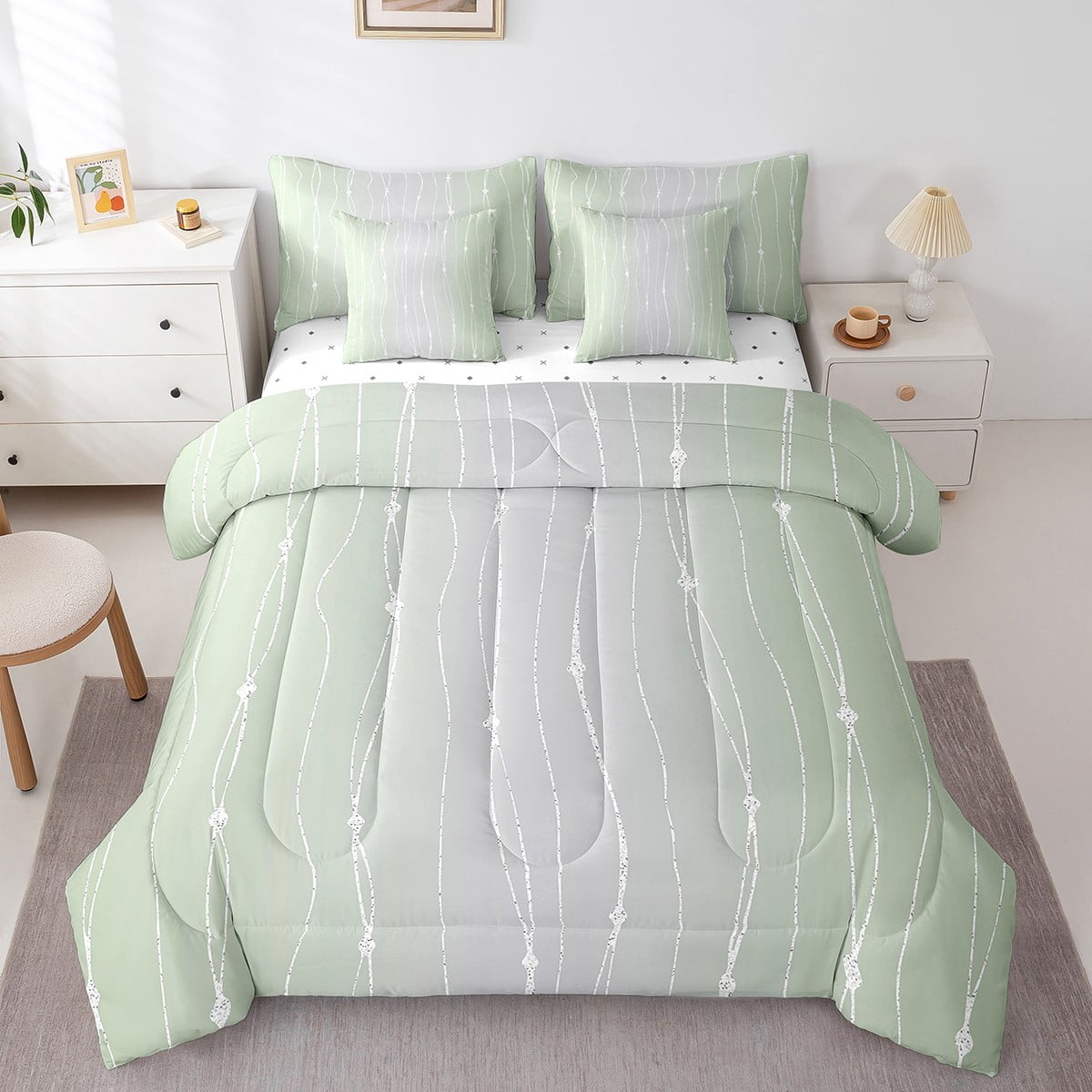 Sage Green and Grey Bedding Comforter Sets 7Pcs Men Watercolor Gradient Bed in a Bag Geometric ...