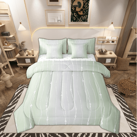 Sage Green and Grey Bedding Full Size 7pcs Men Watercolor Gradient Comforter Set Geometric Abstract Bedding Comforter Sets Wave Stripe Bed in a Bag Modern Aesthetic Artwork Bedding Accessory