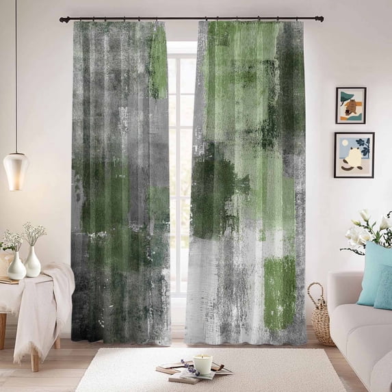 Sage Green Grey Blackout Curtains for Bedroom/Living Room, Pinch Pleated Black Out Curtains, Modern Oil Painted Abstract Art Aesthetics Room Darkening Window Drapes with Hooks 2 Panels, 39"x70"