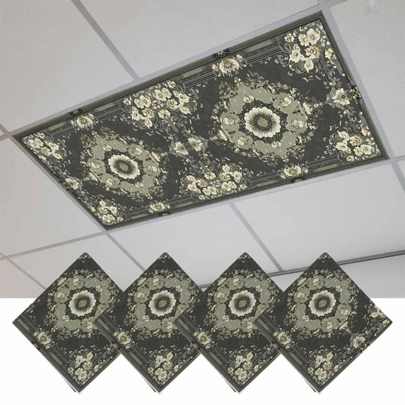 Sage Green Grey Boho Fluorescent Light Covers, Vintage Ethnic Geometric Abstract Magnetic Light Covers for Ceiling Lights, Fluorescent Ceiling Shade Filters for Classroom Bedroom Office 4x2Ft x 4PCS