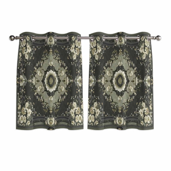 Sage Green Grey Boho Kitchen Curtains Short 45 Inch Length, Vintage Ethnic Geometric Abstract Grommet Top Bedroom Living Room Curtains, Light Filtering Cafe Curtain Drapes 2 Panels Set 84''x45''