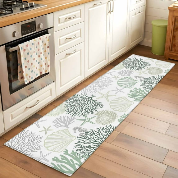 Sage Green Grey Coastal 2x6 Kitchen Runner Rug, Summer Beach Coral Shell Ocean Non-Skid Rubber Backing Large Rectangle Rugs - Living Room Bedroom Home Office, Indoor Floor Mat Carpets Washable Rug