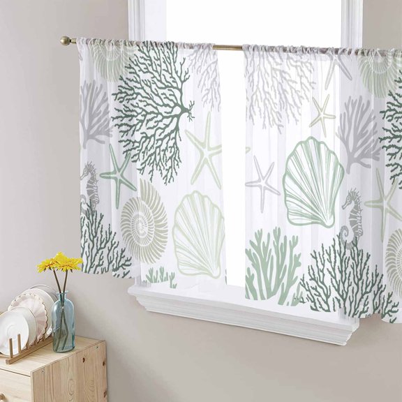 Sage Green Grey Coastal Semi Sheer Window Curtains 54 Inches Long, Summer Beach Coral Shell Ocean Rod Pocket Voile Silky Chiffon Curtain Treatment Drapes for Kitchen, Living Room, 52"x54", 2 Panels