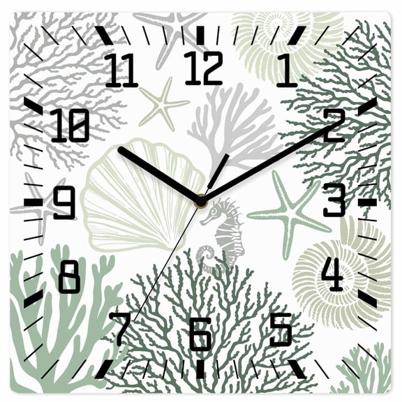 Sage Green Grey Coastal Wooden Wall Clock Silent Non Ticking, Summer Beach Coral Shell Ocean Square Wall Clocks Battery Operated, Decor Clock for Home Office, Living Room, Kitchen, 12 Inch