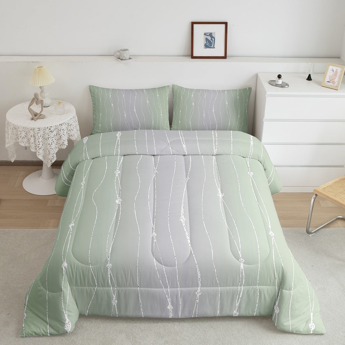 Sage Green and Grey Comforter Set King for Boys Men Watercolor Gradient