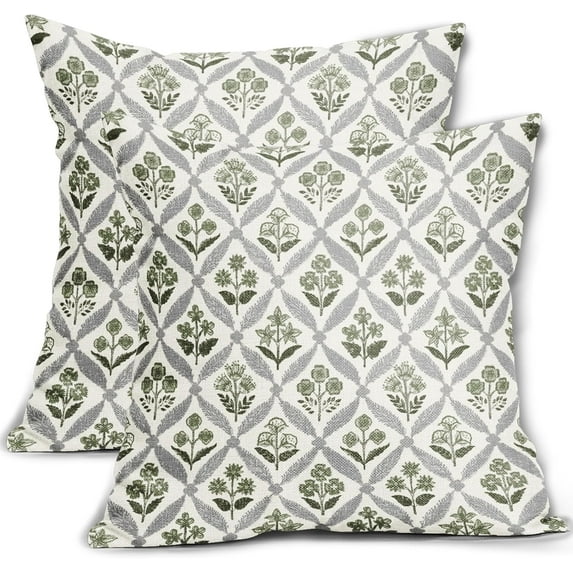 Sage Green Grey Gray Floral Block Print Pillow Covers 16X16 Set of 2, Flower Pattern Spring Summer Print Decorative Throw Pillow Covers Outdoor Farmhouse Seasonal Cushion Case Couch Sofa Bed Decor