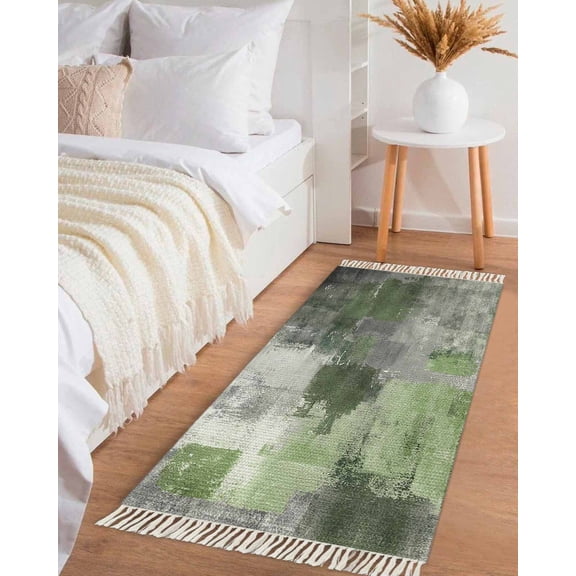 Sage Green Grey Hallway Runner Rug 2x5ft,Modern Oil Painted Abstract Art Aesthetics Washable Woven Living Room Bedroom Kitchen Bathroom Carpet with Tassels,Indoor Outdoor Throw Door Mat for Entryway