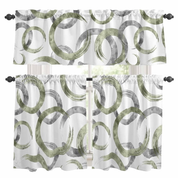 Sage Green Grey Kitchen Curtains Sets for Windows 36 Inch Length, Geometric Circle Modern Abstract Simple Art Rod Pocket Window Treatments Tier Curtains and Valances Set for Bedroom/Bathroom