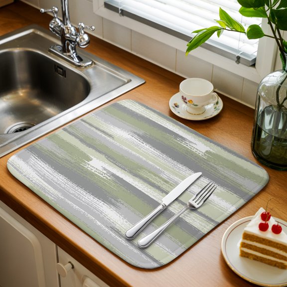 Sage Green Grey Lines Kitchen Drying Mat 1 Pack, Abstract Mottled Paints Graffiti Texture Absorbent Dish Drying Mat Drying Pad Drainer for Kitchen Counter Sink 16 X 18 Inch, Machine Washable