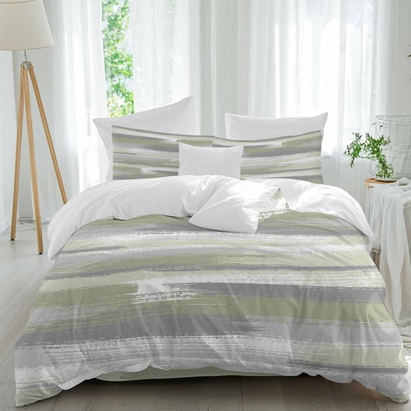 Sage Green Grey Lines Queen Size Comforter Set, Abstract Mottled Paints Graffiti Texture Bedding for All Seasons, 4 Pcs Bed Set, 1Quiltcover (90"x92") ,1Sheet(94"x116"), 2Pillowcases (30"x20")