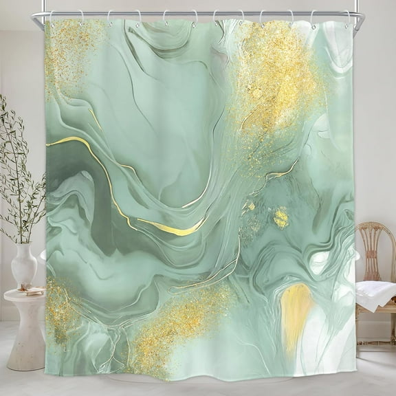 Sage Green Grey Marble Shower Curtain Abstract Modern Ombre Luxury Vintage Gold Cracked Lines Veins Texture Elegant Aesthetic Waterproof Polyester Fabric Bathroom Bathtub 36"W x 72"L (Pack of 1)