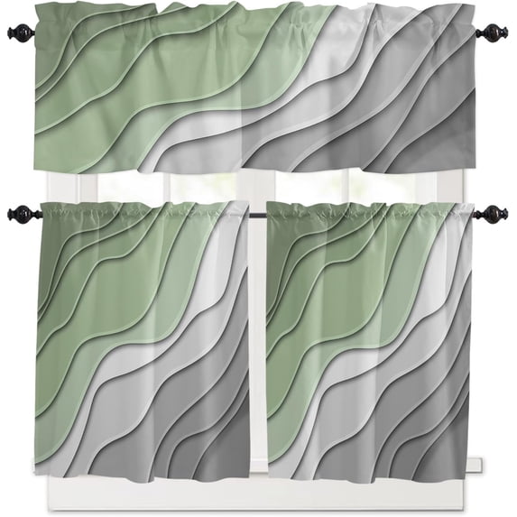 Sage Green Grey Ombre Kitchen Curtains Set Short Half Curtains 36 Inches Length, Modern Abstract Art Aesthetics Rod Pocket Window Treatment Bedroom Tiers and Valance Set for Cafe Bathroom