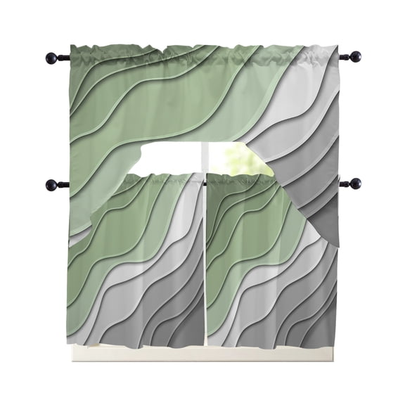 Sage Green Grey Ombre Kitchen Curtains Set for Windows 3 Piece Cafe Curtains 36 Inch Length Swag Curtains Valances and Tier Set Modern Abstract Art Aesthetics Drapes for Bedroom Bathroom Living Room
