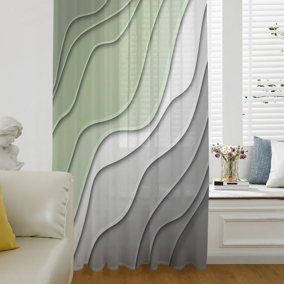 Sage Green Grey Ombre Semi Sheer Curtains Drapes for Living Room, Bedroom, French Doors Window 45 Inches Long, Modern Abstract Art Aesthetics Rod Pocket Chiffon Curtain Drapery Voile Draperies Panel