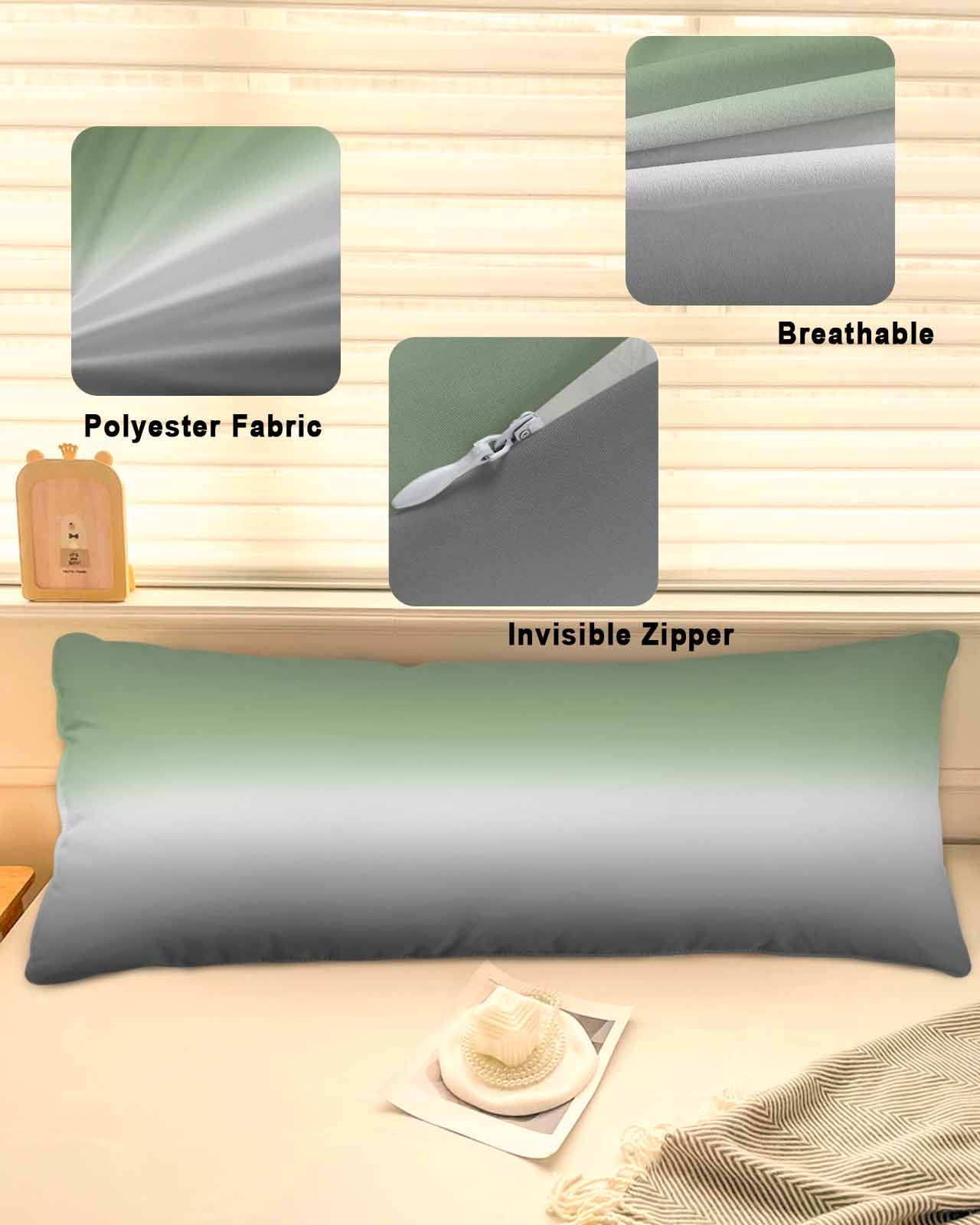 Sage Green Grey Ombre Throw Pillow Covers, Modern Ombre Abstract Art Soft Breathable Pillow Cases with Invisible Zipper for Sleeping, Long Body Pillowcases for Couch Bed Sofa Chair 20x54 Inches