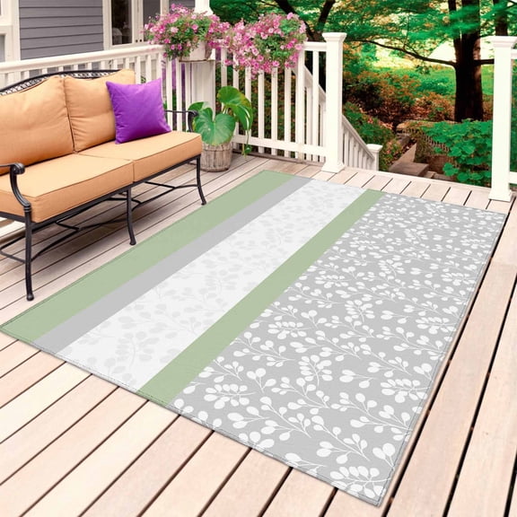 Sage Green Grey Outdoor Rug 6x9 Ft, Non Slip Washable Area Rug, Chic Garden Floral Stripe Aesthetic Patio Rugs Carpet Runner, Large Floor Mat for Indoor/Outdoor Deck Porch Camping